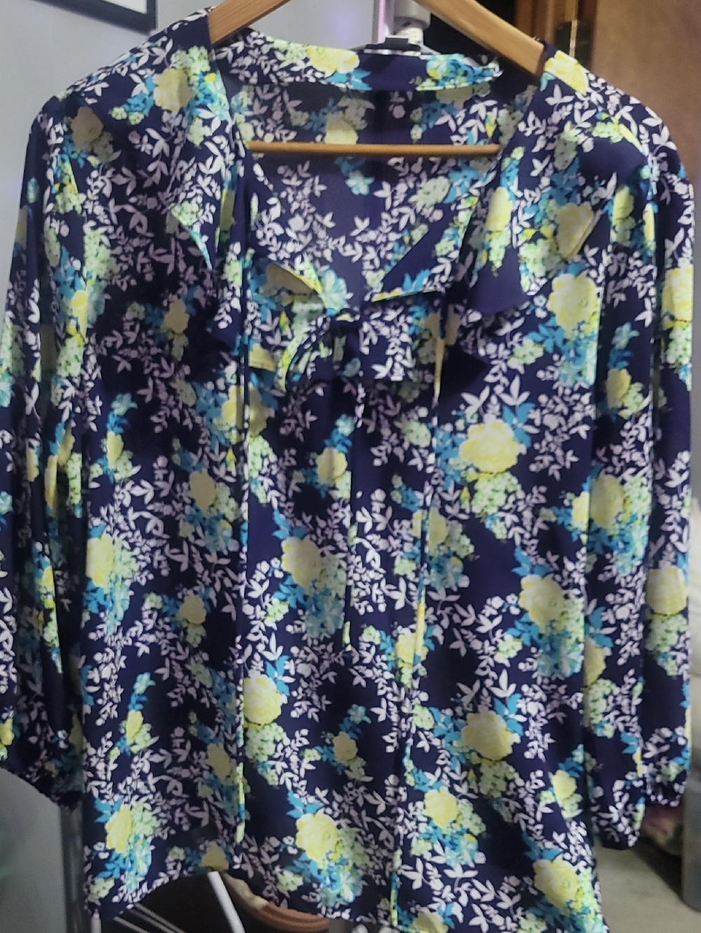 Counterparts Navy Floral Tie-Neck Blouse with Yellow Accents
